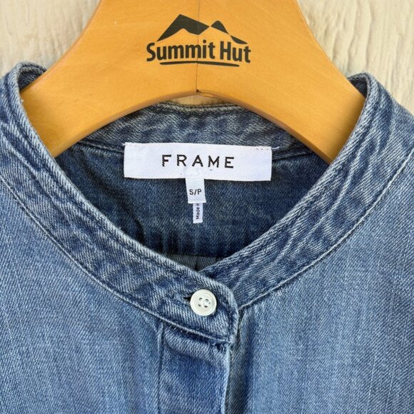 Frame Shirred Sleeve Button Up Shirt Women's Small Blue Denim Chambray Office - Picture 3 of 11